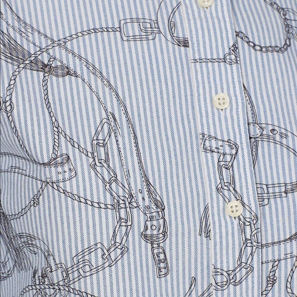 Lauren Ralph Lauren Belt Print Button Down Striped Preppy Blouse Large - Picture 8 of 11